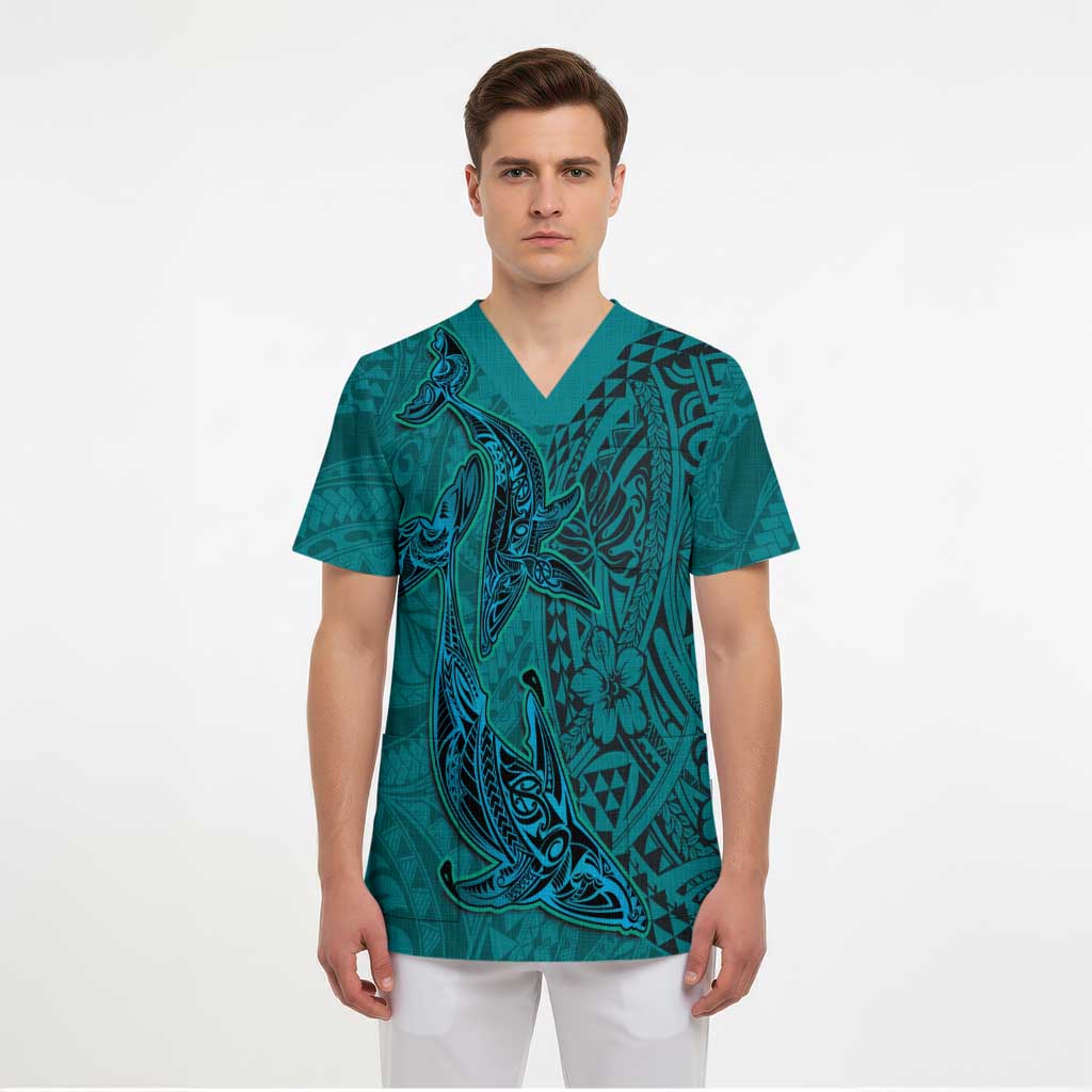 Hawaiian Whales Polynesian Art Motifs Scrub Top Turquoise Color - Polynesian Pride