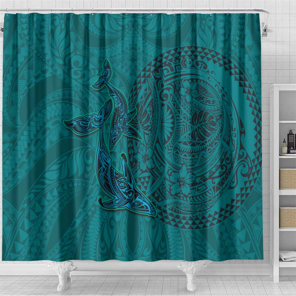 Hawaiian Whales Polynesian Art Motifs Shower Curtain Turquoise Color - Polynesian Pride