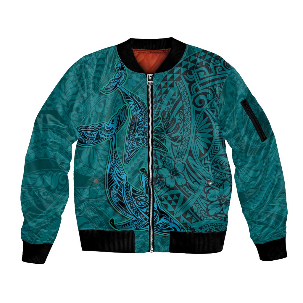 Hawaiian Whales Polynesian Art Motifs Sleeve Zip Bomber Jacket Turquoise Color - Polynesian Pride