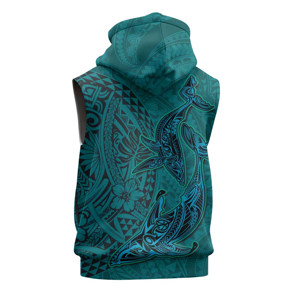 Hawaiian Whales Polynesian Art Motifs Sleeveless Hoodie Turquoise Color LT03 - Polynesian Pride