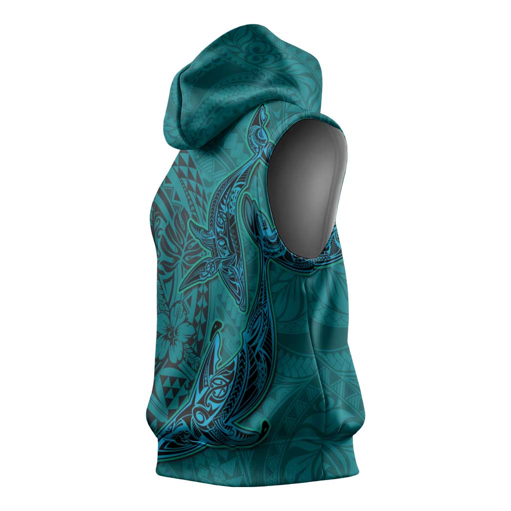 Hawaiian Whales Polynesian Art Motifs Sleeveless Hoodie Turquoise Color LT03 - Polynesian Pride