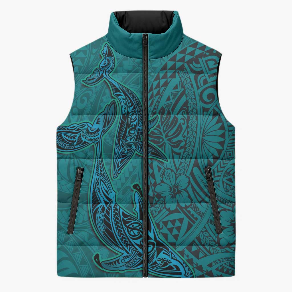 Hawaiian Whales Polynesian Art Motifs Sleeveless Puffer Jacket Turquoise Color LT03 Unisex Turquoise - Polynesian Pride