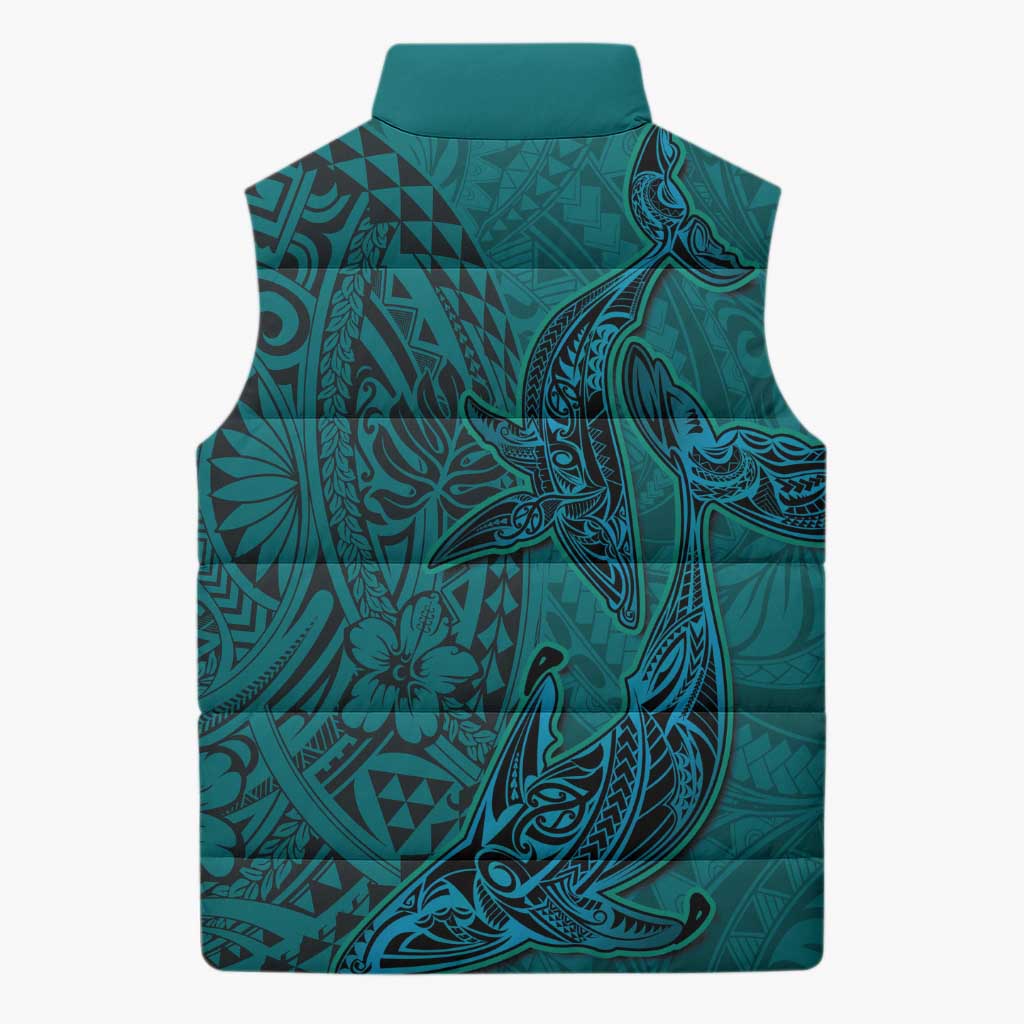 Hawaiian Whales Polynesian Art Motifs Sleeveless Puffer Jacket Turquoise Color LT03 - Polynesian Pride