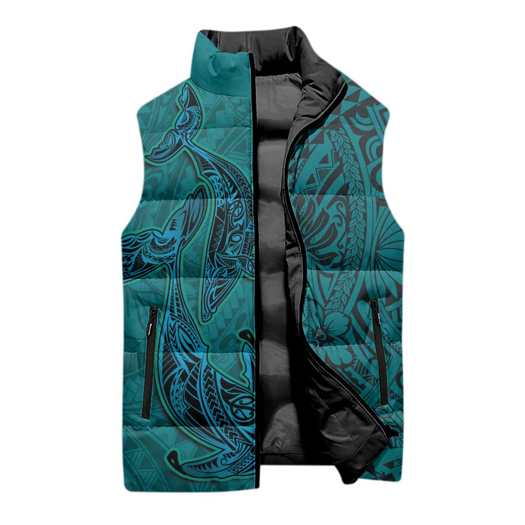 Hawaiian Whales Polynesian Art Motifs Sleeveless Puffer Jacket Turquoise Color LT03 - Polynesian Pride