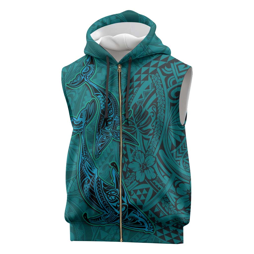 Hawaiian Whales Polynesian Art Motifs Sleeveless Zip Hoodie Turquoise Color - Polynesian Pride