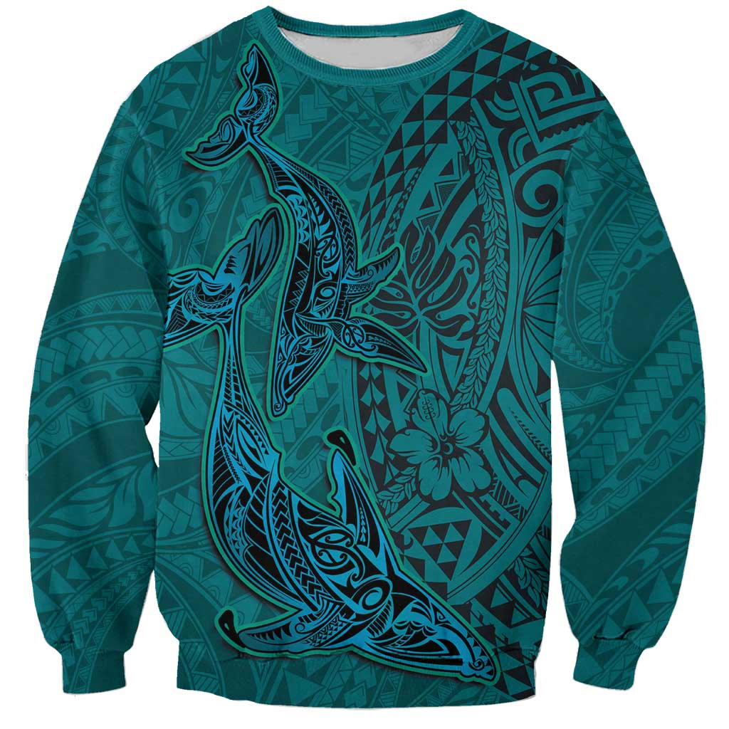 Hawaiian Whales Polynesian Art Motifs Sweatshirt Turquoise Color LT03 Unisex Turquoise - Polynesian Pride