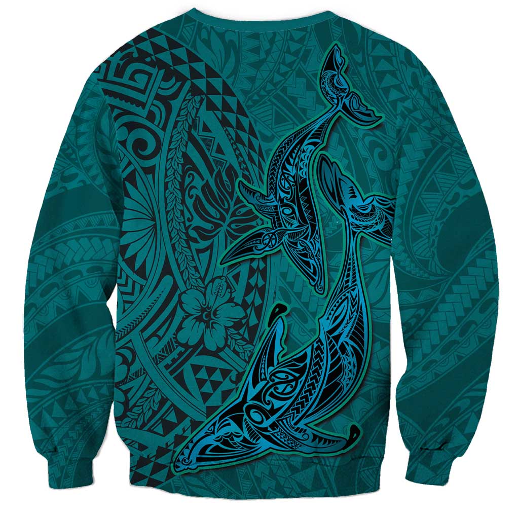 Hawaiian Whales Polynesian Art Motifs Sweatshirt Turquoise Color LT03 - Polynesian Pride