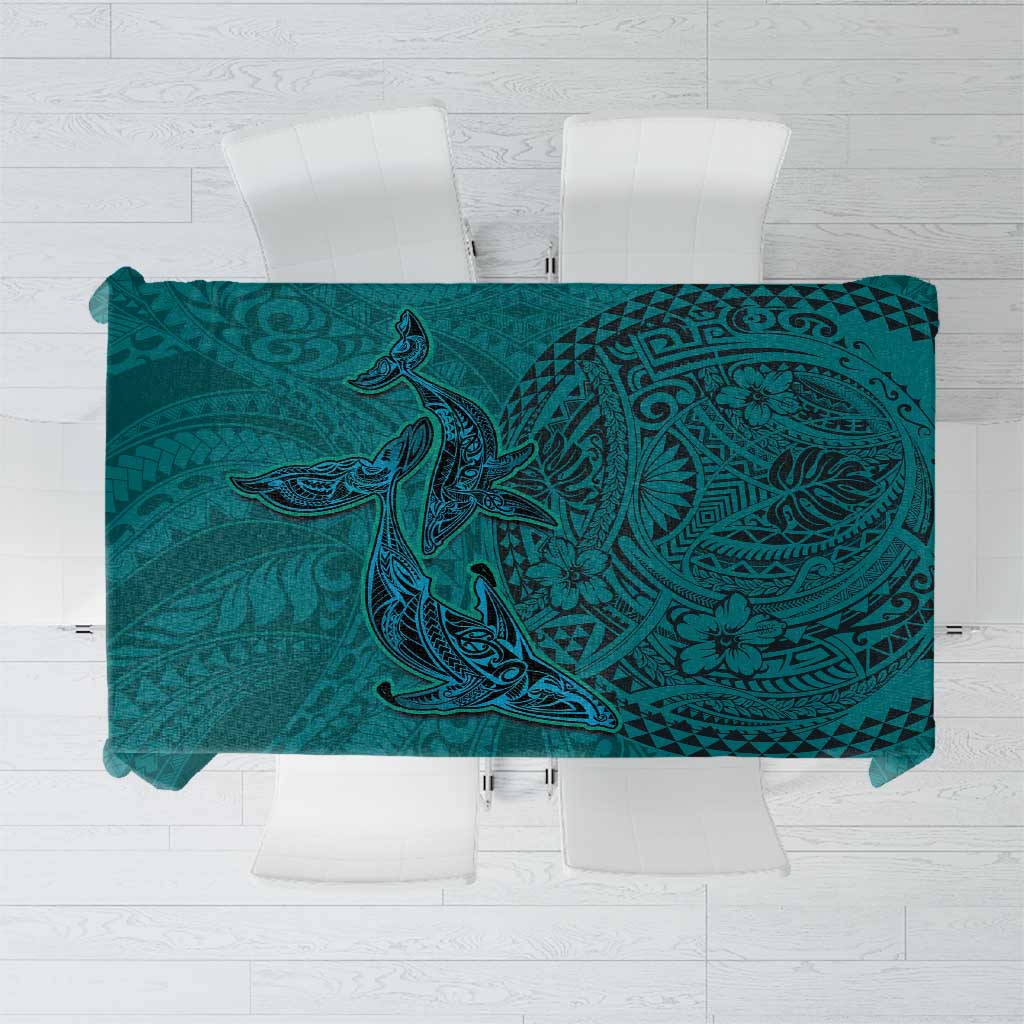 Hawaiian Whales Polynesian Art Motifs Tablecloth Turquoise Color - Polynesian Pride