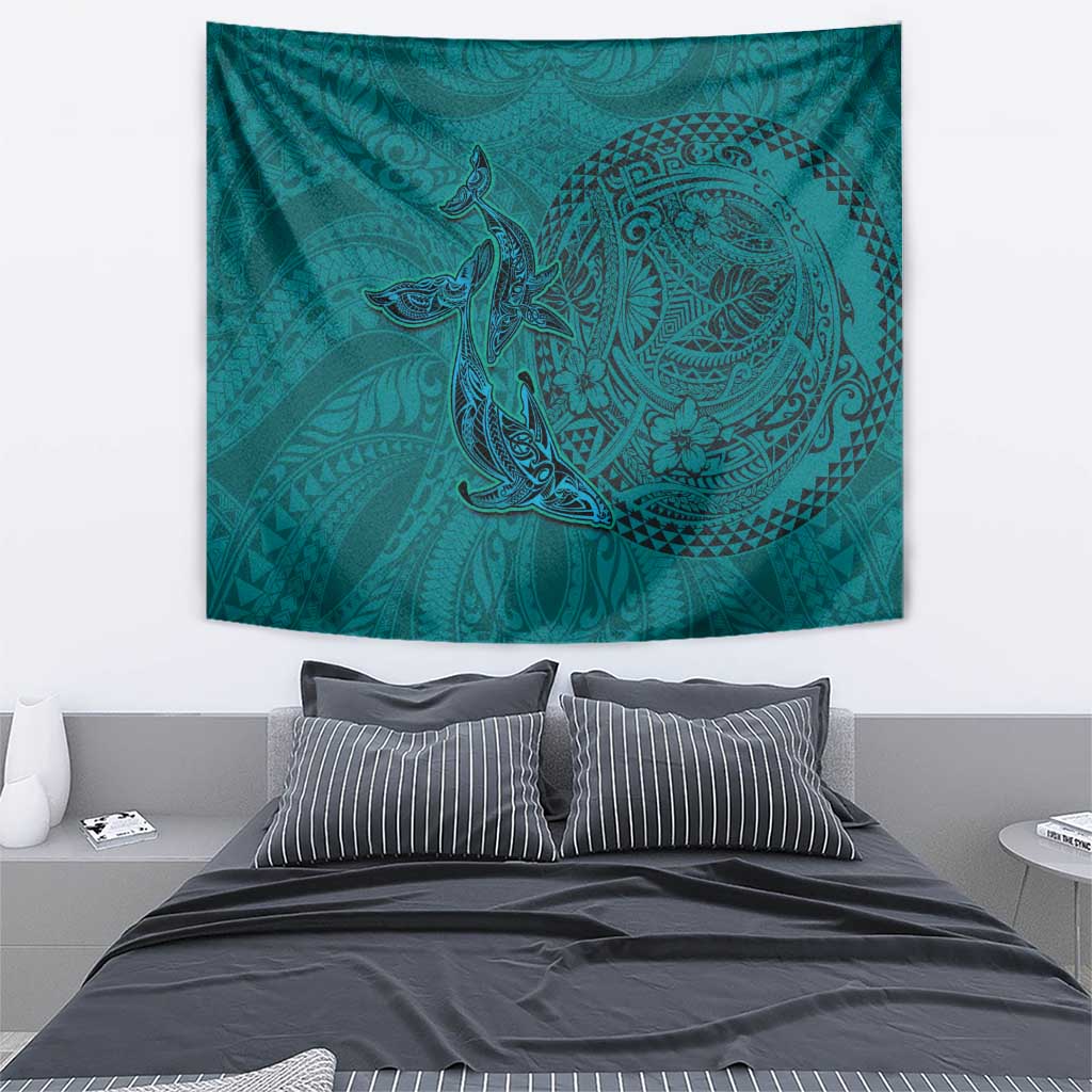 Hawaiian Whales Polynesian Art Motifs Tapestry Turquoise Color - Polynesian Pride
