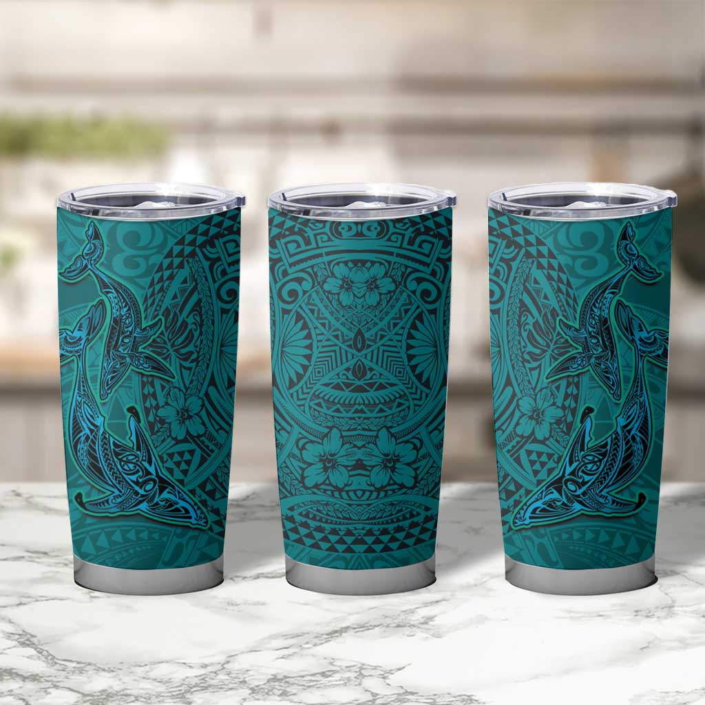 Hawaiian Whales Polynesian Art Motifs Tumbler Cup Turquoise Color - Polynesian Pride