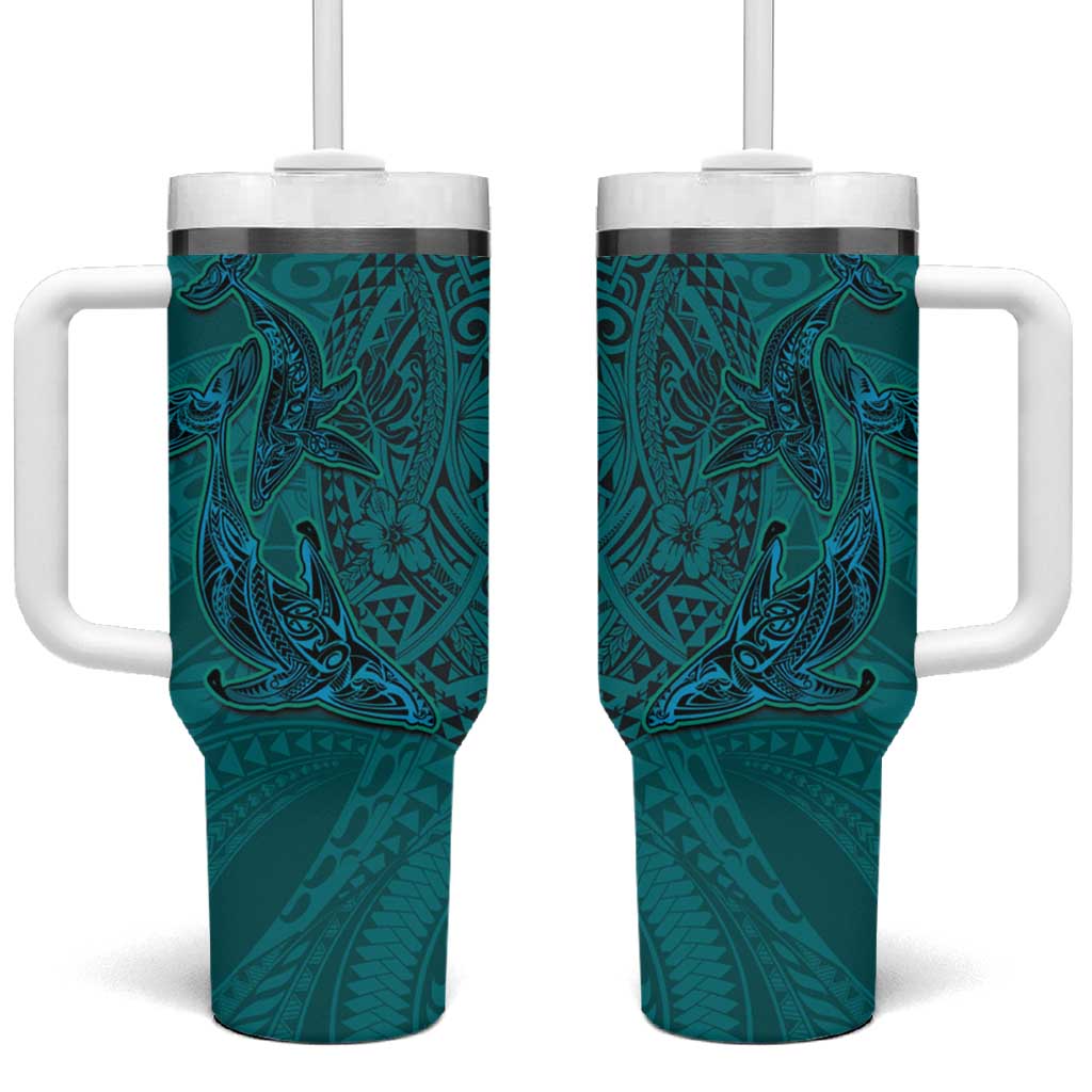 Hawaiian Whales Polynesian Art Motifs Tumbler With Handle Turquoise Color - Polynesian Pride