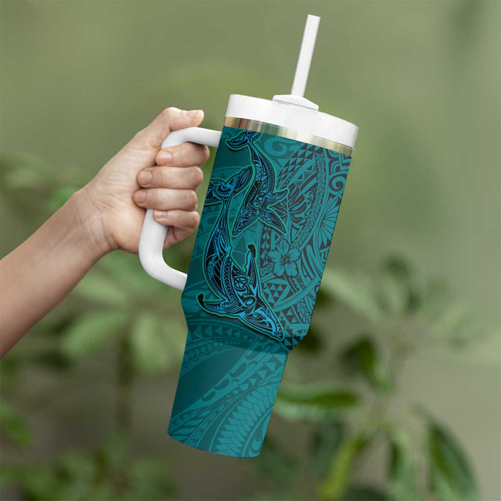 Hawaiian Whales Polynesian Art Motifs Tumbler With Handle Turquoise Color - Polynesian Pride