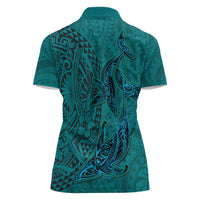 Hawaiian Whales Polynesian Art Motifs Women Polo Shirt Turquoise Color - Polynesian Pride