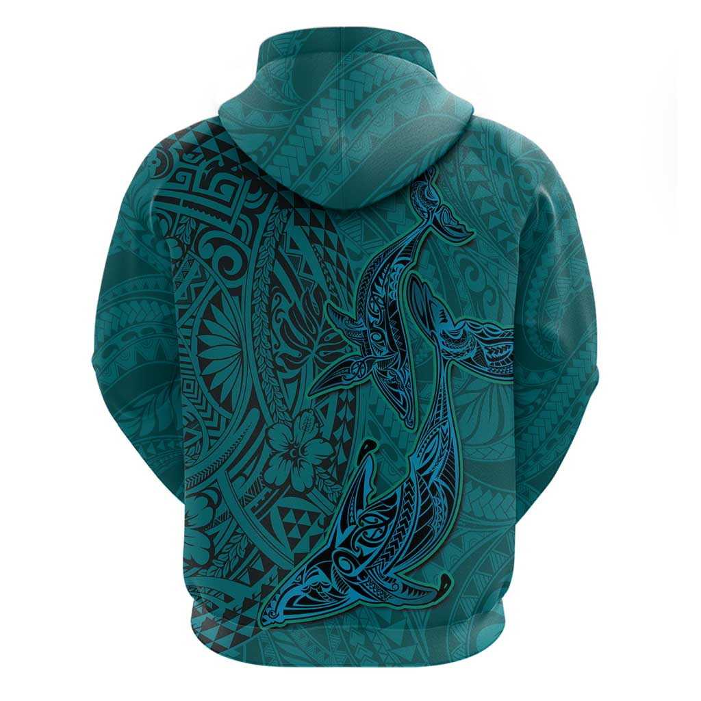 Hawaiian Whales Polynesian Art Motifs Zip Hoodie Turquoise Color - Polynesian Pride