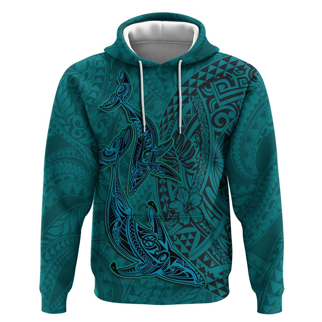 Hawaiian Whales Polynesian Art Motifs Zip Hoodie Turquoise Color - Polynesian Pride