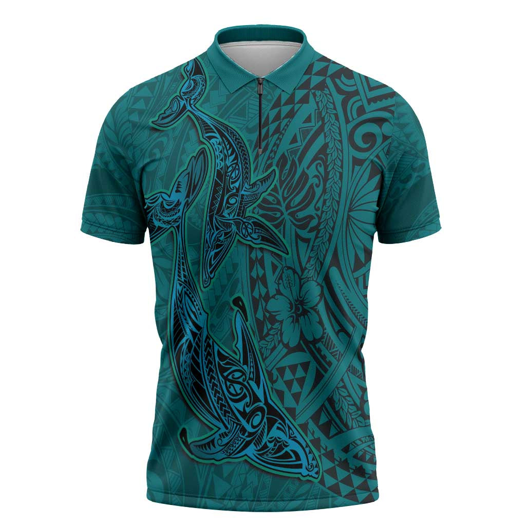 Hawaiian Whales Polynesian Art Motifs Zipper Polo Shirt Turquoise Color LT03 Turquoise - Polynesian Pride