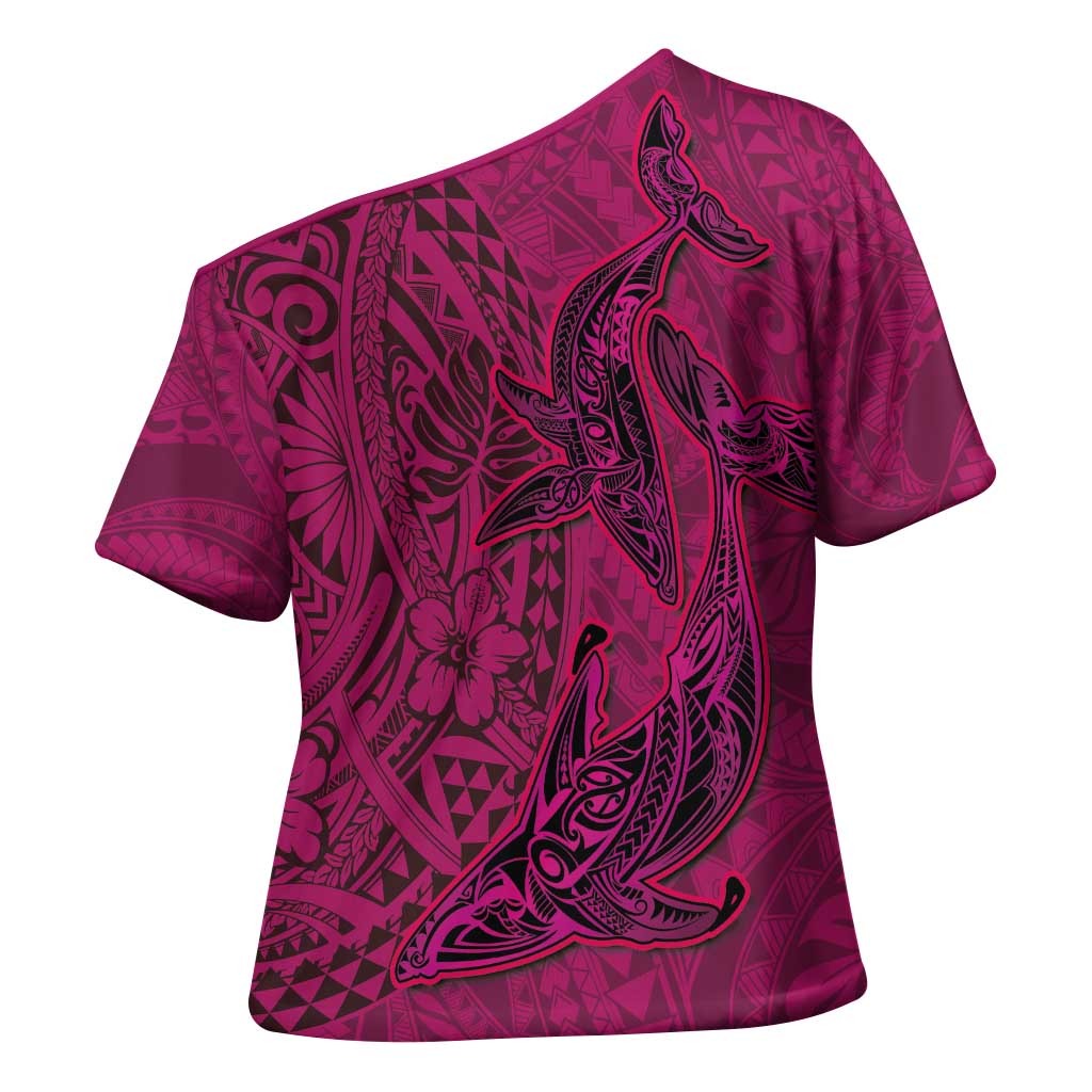 Hawaiian Whales Polynesian Art Motifs Cross Shoulder Shirt Pink Color LT03 - Polynesian Pride