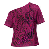 Hawaiian Whales Polynesian Art Motifs Cross Shoulder Shirt Pink Color LT03 - Polynesian Pride