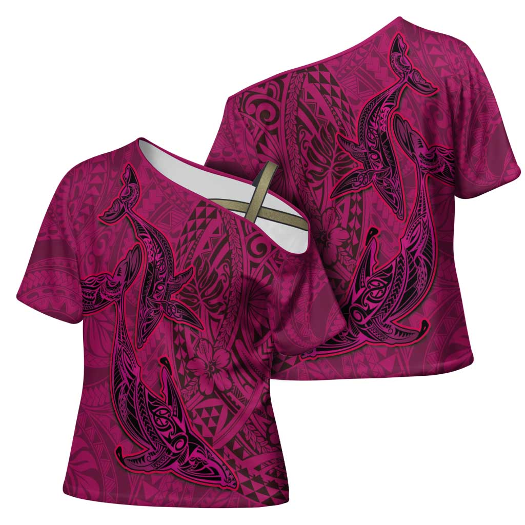 Hawaiian Whales Polynesian Art Motifs Cross Shoulder Shirt Pink Color LT03 - Polynesian Pride