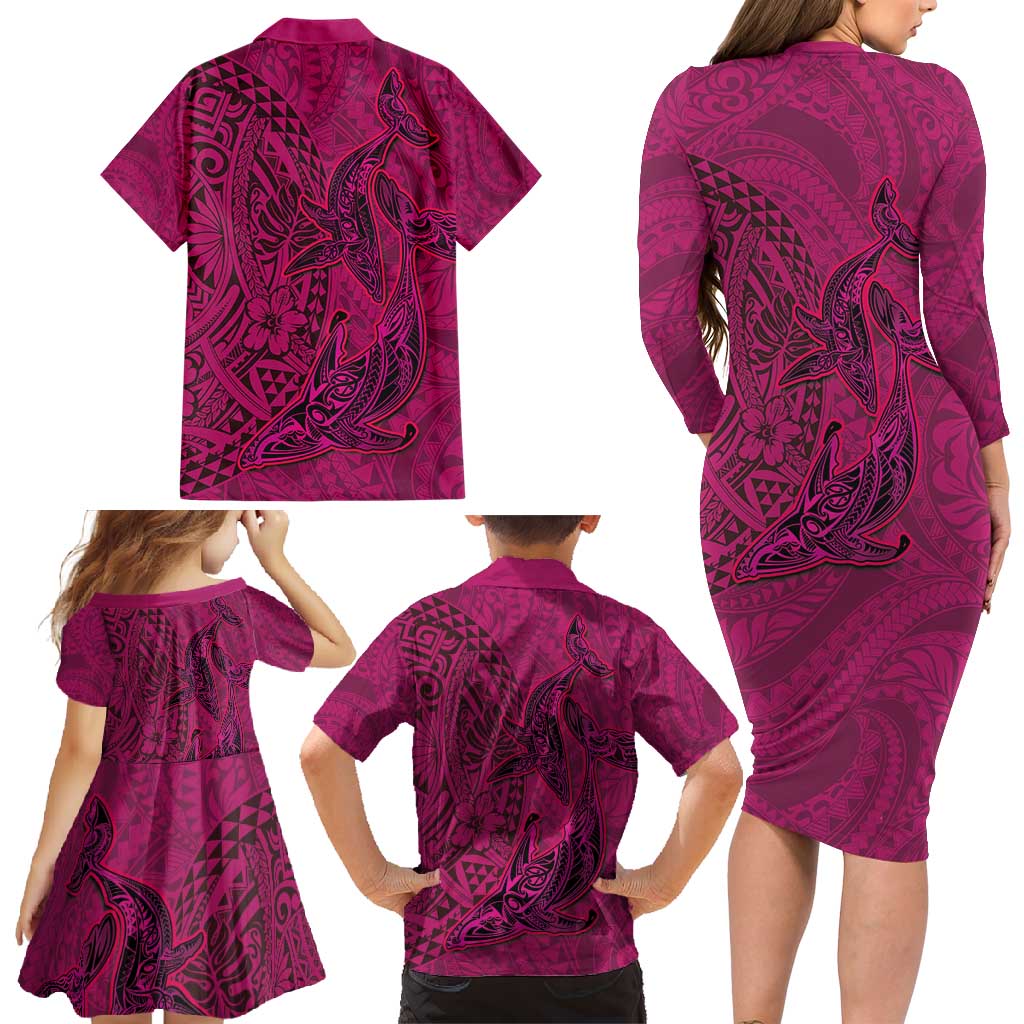Hawaiian Whales Polynesian Art Motifs Family Matching Long Sleeve Bodycon Dress and Hawaiian Shirt Pink Color - Polynesian Pride