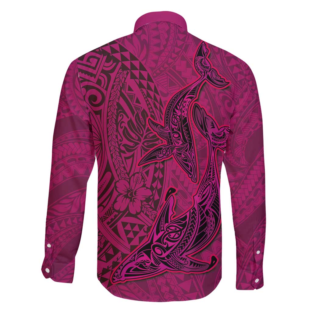 Hawaiian Whales Polynesian Art Motifs Family Matching Long Sleeve Bodycon Dress and Hawaiian Shirt Pink Color - Polynesian Pride