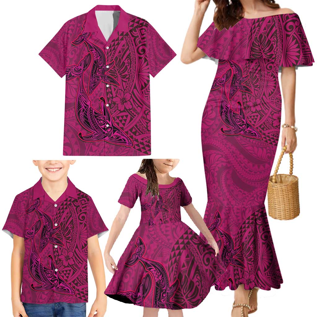 Hawaiian Whales Polynesian Art Motifs Family Matching Mermaid Dress and Hawaiian Shirt Pink Color - Polynesian Pride