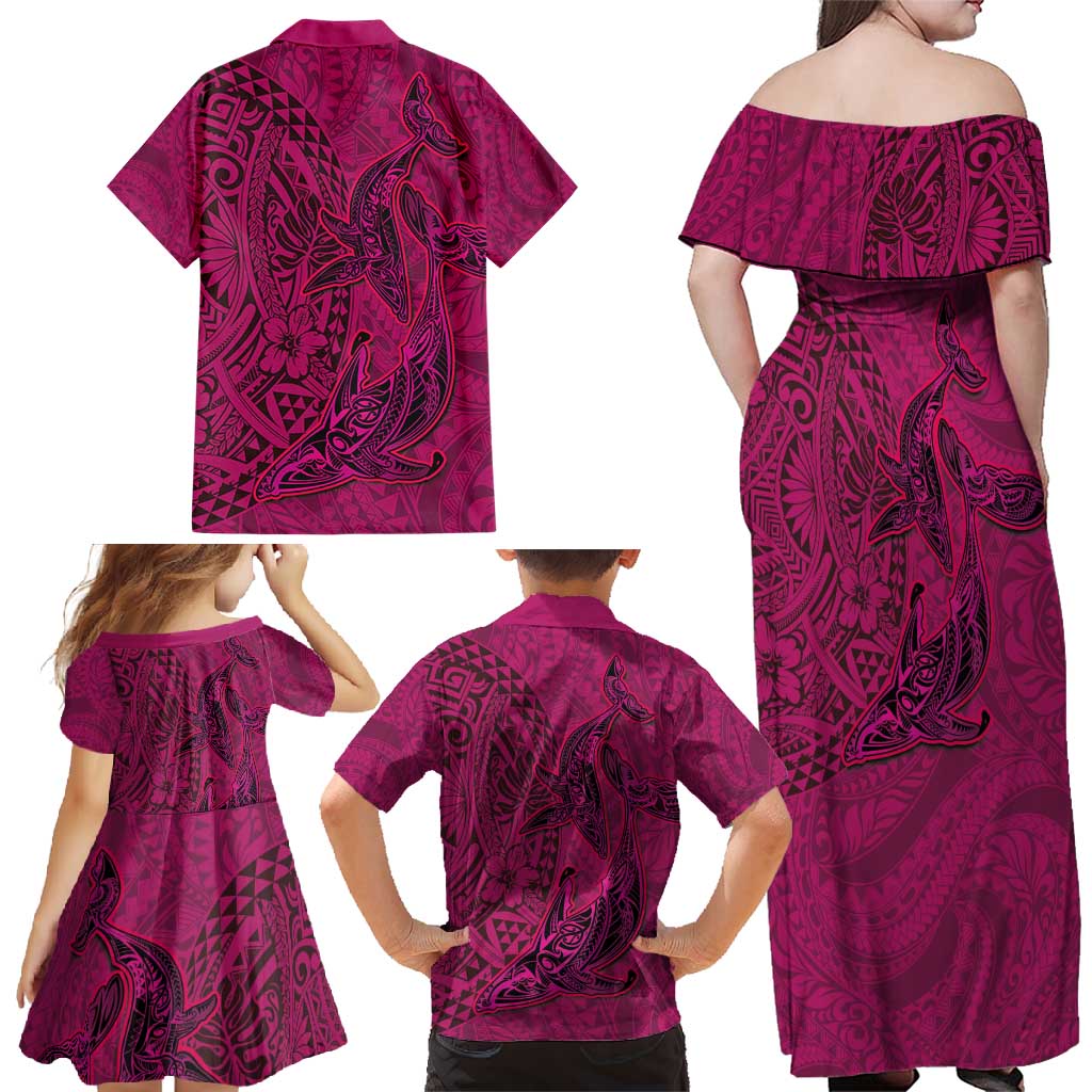 Hawaiian Whales Polynesian Art Motifs Family Matching Off Shoulder Maxi Dress and Hawaiian Shirt Pink Color - Polynesian Pride