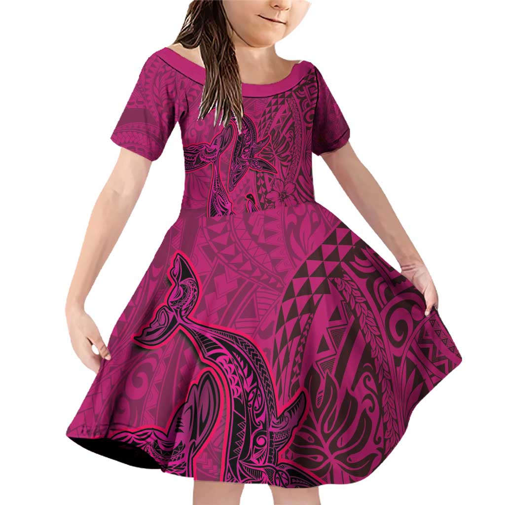 Hawaiian Whales Polynesian Art Motifs Family Matching Off Shoulder Short Dress and Hawaiian Shirt Pink Color - Polynesian Pride