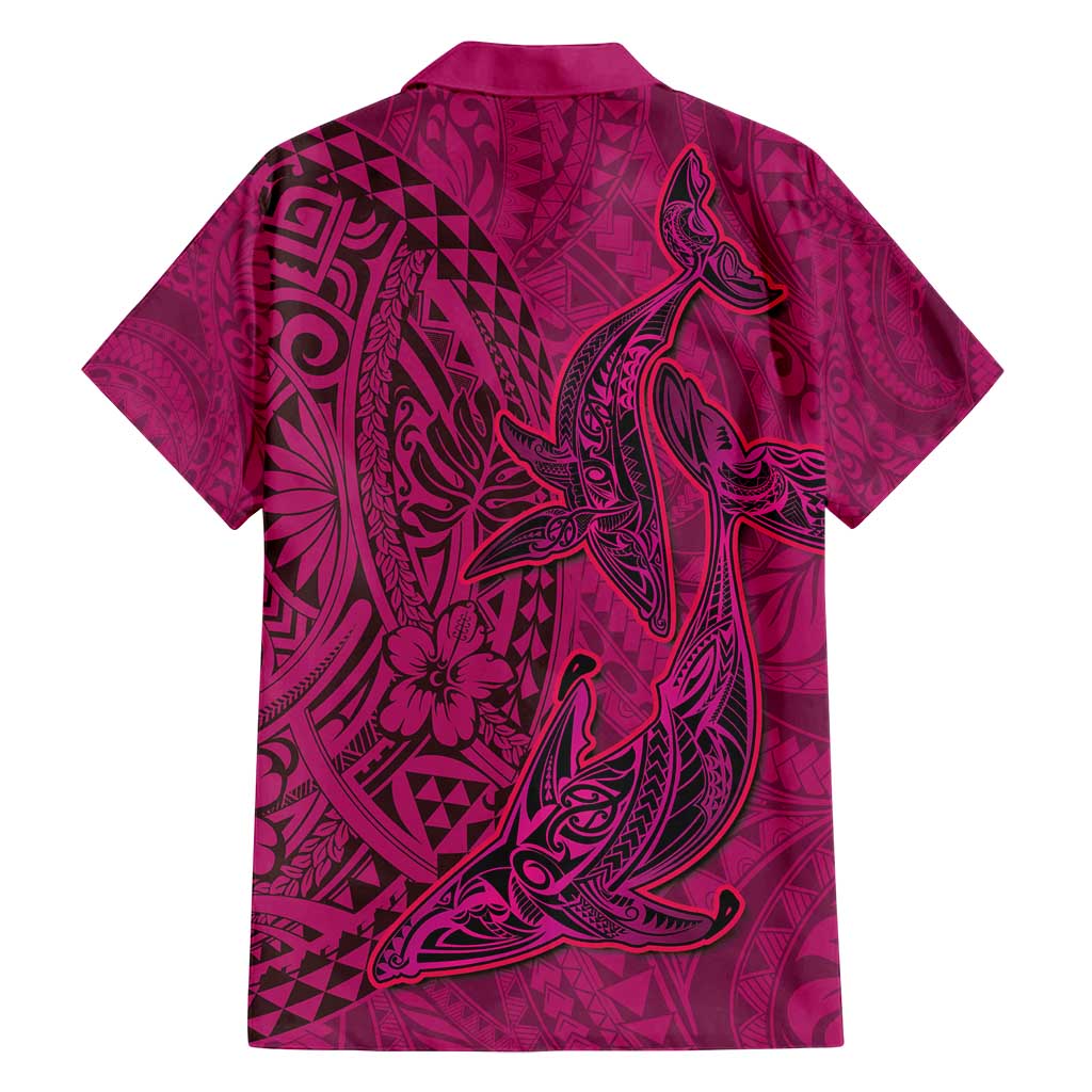 Hawaiian Whales Polynesian Art Motifs Family Matching Off Shoulder Short Dress and Hawaiian Shirt Pink Color - Polynesian Pride