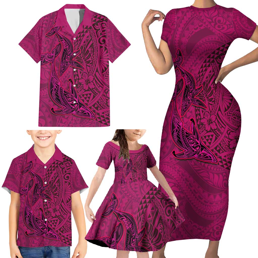 Hawaiian Whales Polynesian Art Motifs Family Matching Short Sleeve Bodycon Dress and Hawaiian Shirt Pink Color - Polynesian Pride