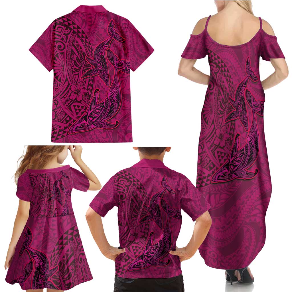 Hawaiian Whales Polynesian Art Motifs Family Matching Summer Maxi Dress and Hawaiian Shirt Pink Color - Polynesian Pride