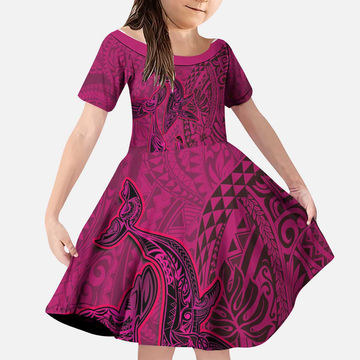 Hawaiian Whales Polynesian Art Motifs Kid Short Sleeve Dress Pink Color - Polynesian Pride