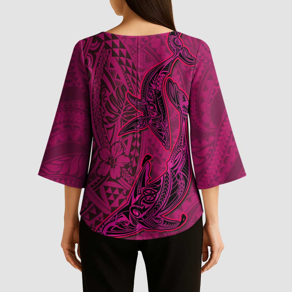 Hawaiian Whales Polynesian Art Motifs Kimono Sleeve Blouse Pink Color LT03 - Polynesian Pride
