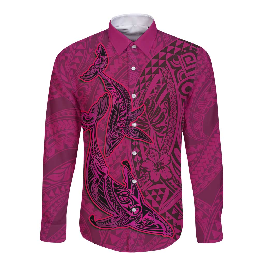 Hawaiian Whales Polynesian Art Motifs Long Sleeve Button Shirt Pink Color LT03 Unisex Pink - Polynesian Pride