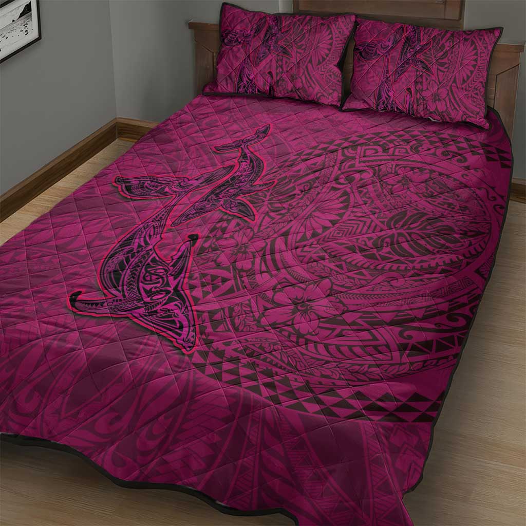 Hawaiian Whales Polynesian Art Motifs Quilt Bed Set Pink Color - Polynesian Pride