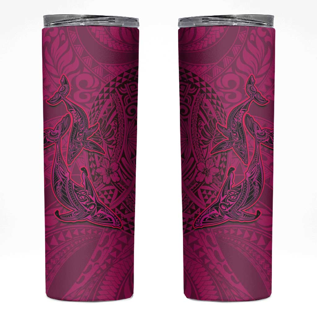 Hawaiian Whales Polynesian Art Motifs Skinny Tumbler Pink Color - Polynesian Pride