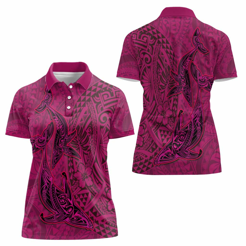 Hawaiian Whales Polynesian Art Motifs Women Polo Shirt Pink Color - Polynesian Pride