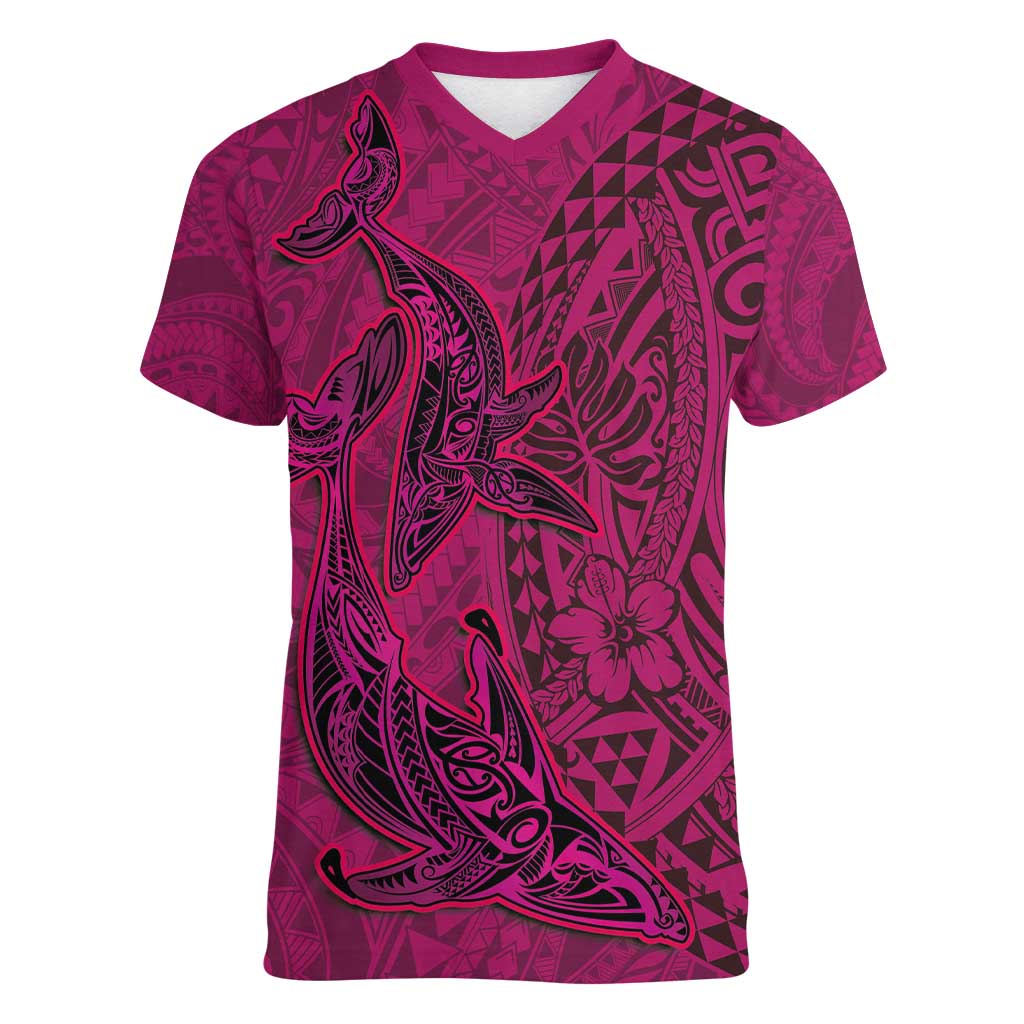 Hawaiian Whales Polynesian Art Motifs Women V-Neck T-Shirt Pink Color - Polynesian Pride