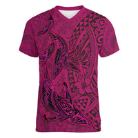 Hawaiian Whales Polynesian Art Motifs Women V-Neck T-Shirt Pink Color - Polynesian Pride