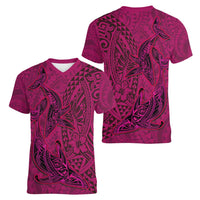 Hawaiian Whales Polynesian Art Motifs Women V-Neck T-Shirt Pink Color - Polynesian Pride