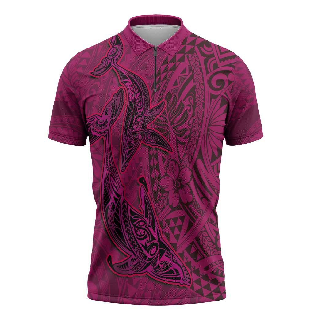 Hawaiian Whales Polynesian Art Motifs Zipper Polo Shirt Pink Color LT03 Pink - Polynesian Pride