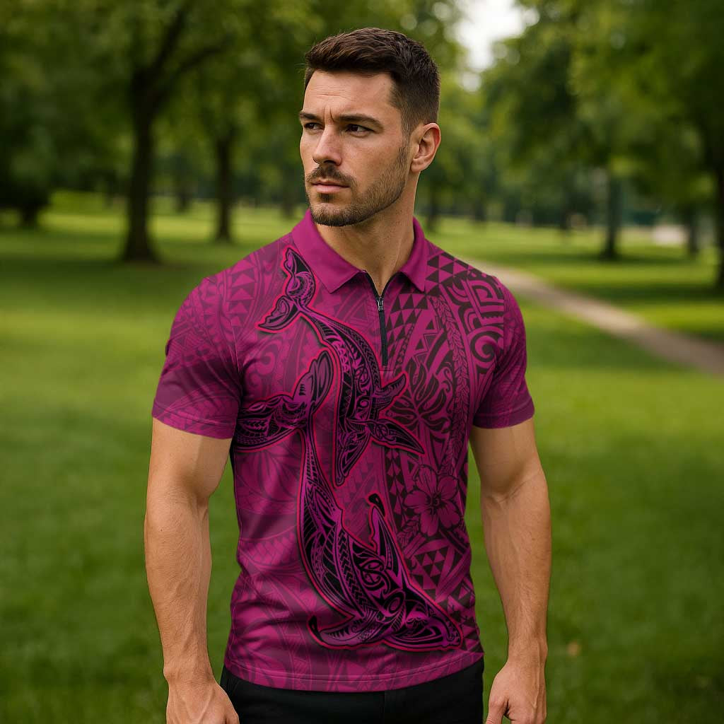 Hawaiian Whales Polynesian Art Motifs Zipper Polo Shirt Pink Color - Polynesian Pride
