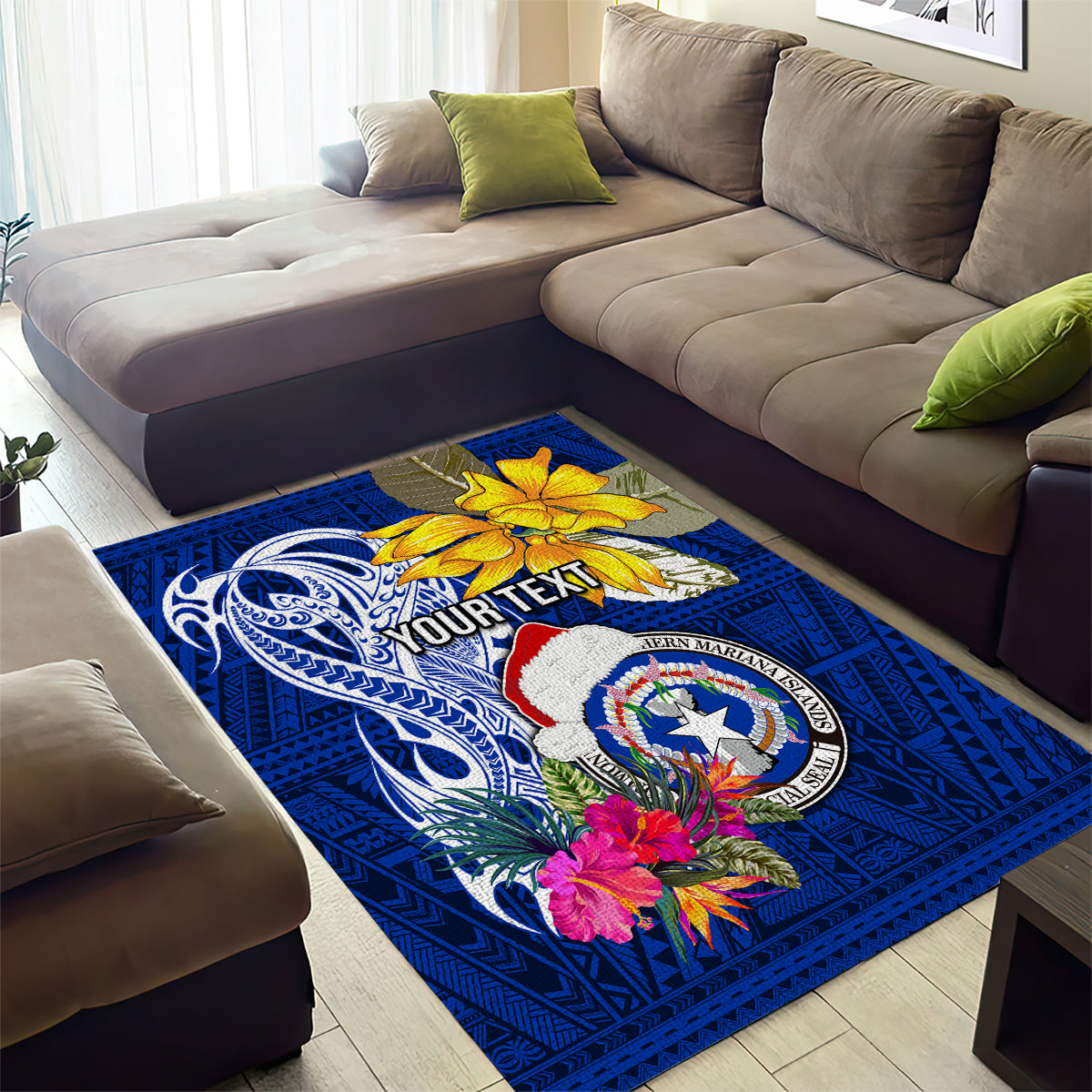 Custom Northern Mariana Islands Christmas Area Rug Funny Santa Hug Latte Stone Ylang-ylang and Polynesia Pattern Blue LT03 - Polynesian Pride