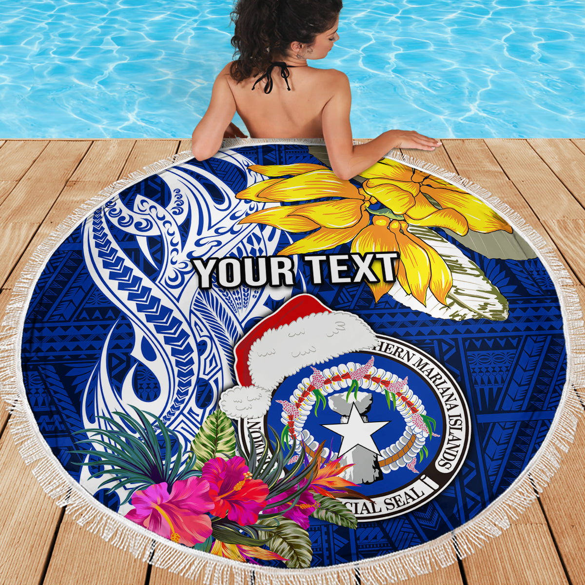 Custom Northern Mariana Islands Christmas Beach Blanket Funny Santa Hug Latte Stone Ylang-ylang and Polynesia Pattern Blue LT03 - Polynesian Pride