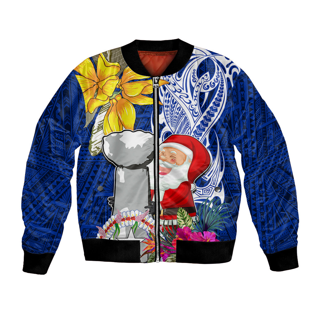 Custom Northern Mariana Islands Christmas Bomber Jacket Funny Santa Hug Latte Stone Ylang-ylang and Polynesia Pattern Blue LT03 Unisex Blue - Polynesian Pride
