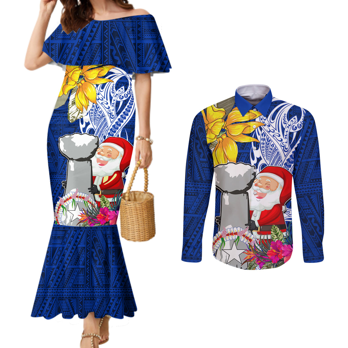 Custom Northern Mariana Islands Christmas Couples Matching Mermaid Dress and Long Sleeve Button Shirt Funny Santa Hug Latte Stone Ylang-ylang and Polynesia Pattern Blue LT03 Blue - Polynesian Pride