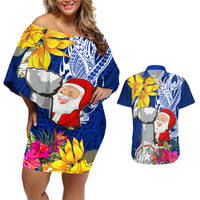 Custom Northern Mariana Islands Christmas Couples Matching Off Shoulder Short Dress and Hawaiian Shirt Funny Santa Hug Latte Stone Ylang-ylang and Polynesia Pattern Blue LT03 Blue - Polynesian Pride