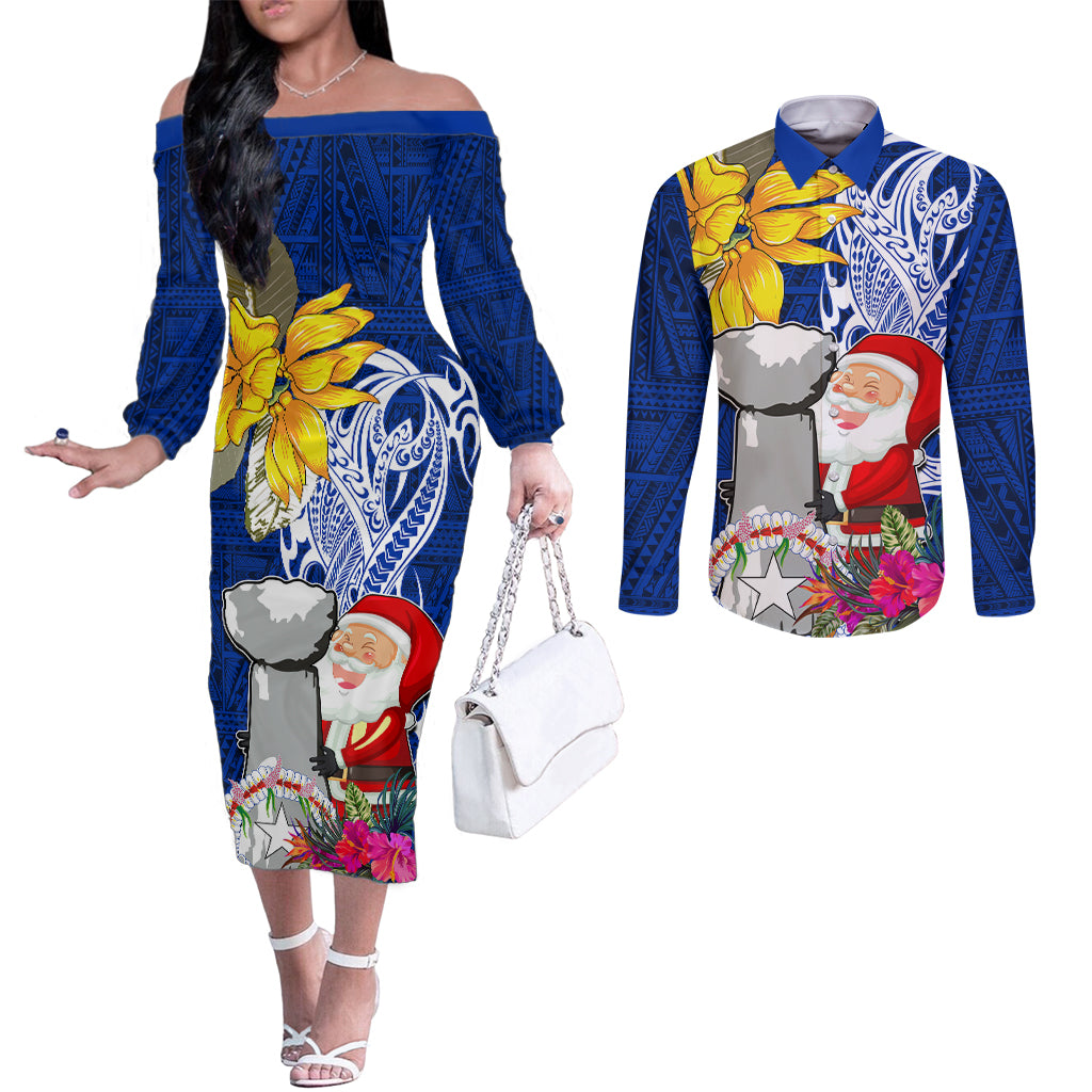 Custom Northern Mariana Islands Christmas Couples Matching Off The Shoulder Long Sleeve Dress and Long Sleeve Button Shirt Funny Santa Hug Latte Stone Ylang-ylang and Polynesia Pattern Blue LT03 Blue - Polynesian Pride