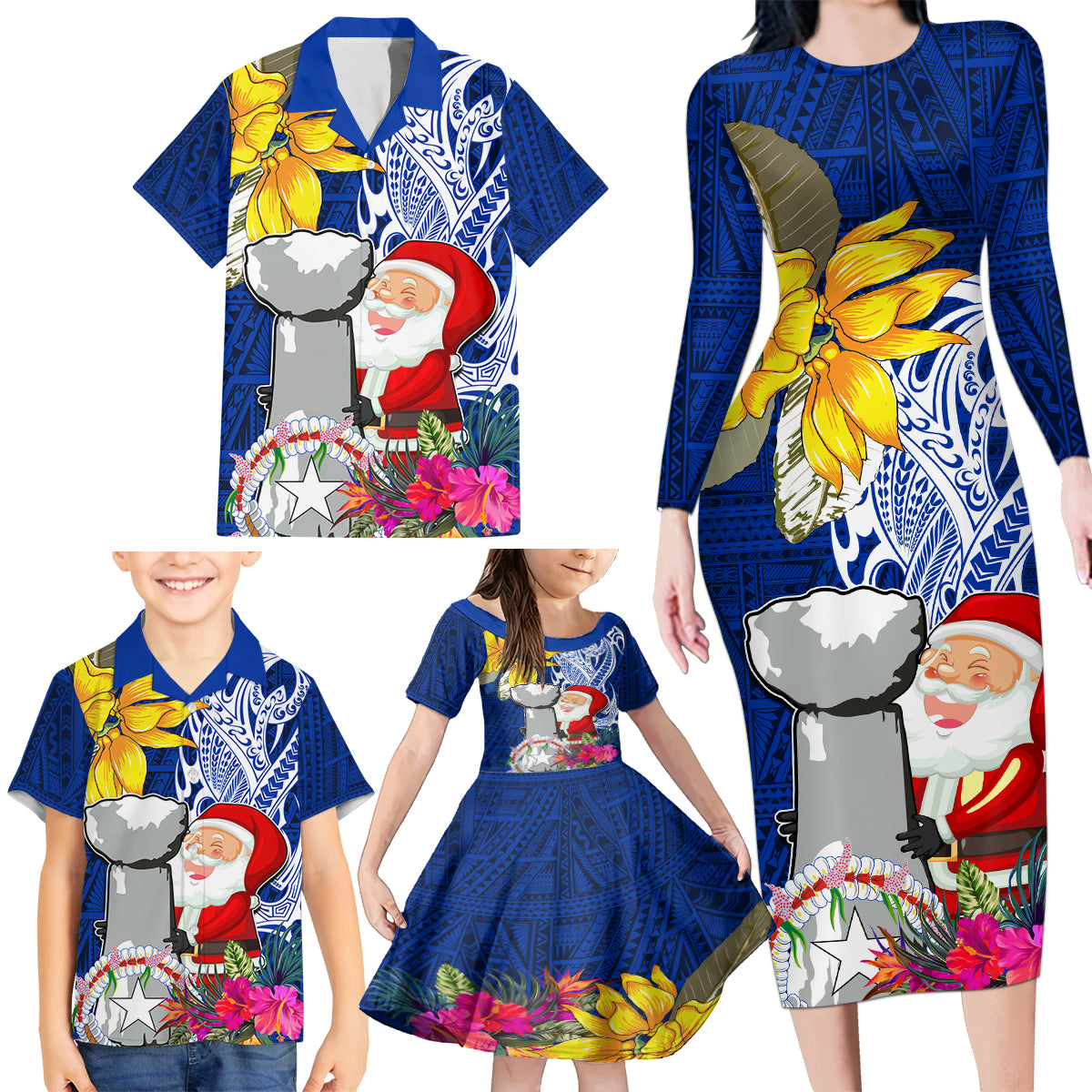 Custom Northern Mariana Islands Christmas Family Matching Long Sleeve Bodycon Dress and Hawaiian Shirt Funny Santa Hug Latte Stone Ylang-ylang and Polynesia Pattern Blue LT03 - Polynesian Pride