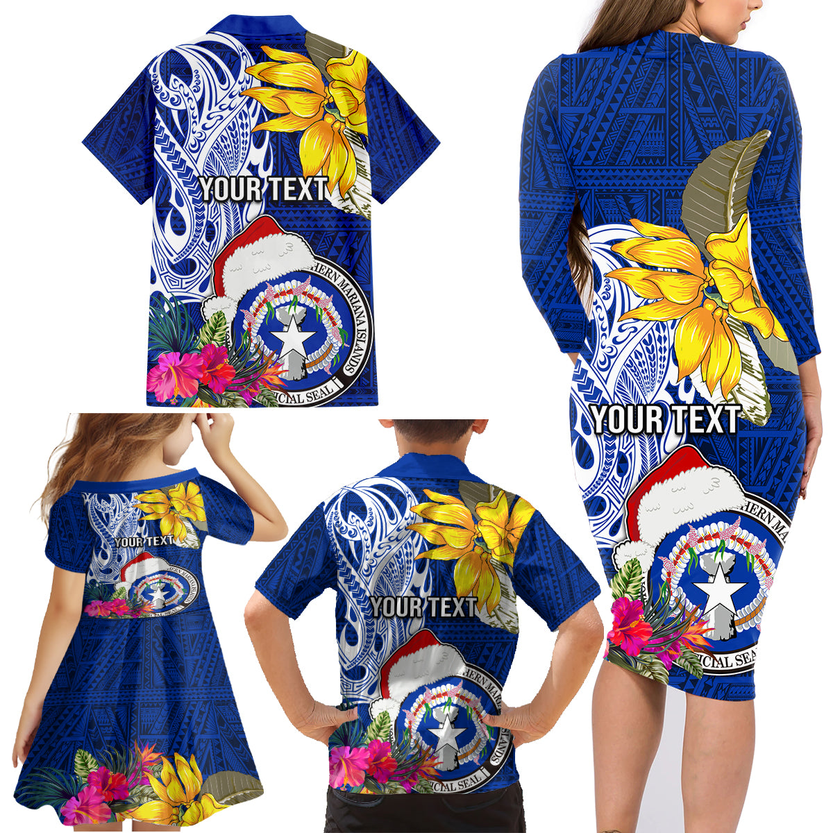 Custom Northern Mariana Islands Christmas Family Matching Long Sleeve Bodycon Dress and Hawaiian Shirt Funny Santa Hug Latte Stone Ylang-ylang and Polynesia Pattern Blue LT03 - Polynesian Pride